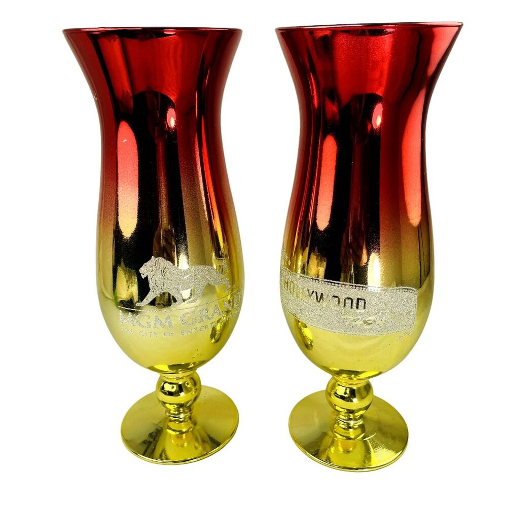Set 2 MGM Grand Hollywood Theater Mirrored u Pink Goblet Glass Red Gold Collecti